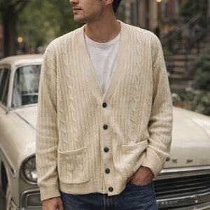 Vintage John Blair Mens Ribbed Button Up Cardigan Size XL Off White Grandpacore